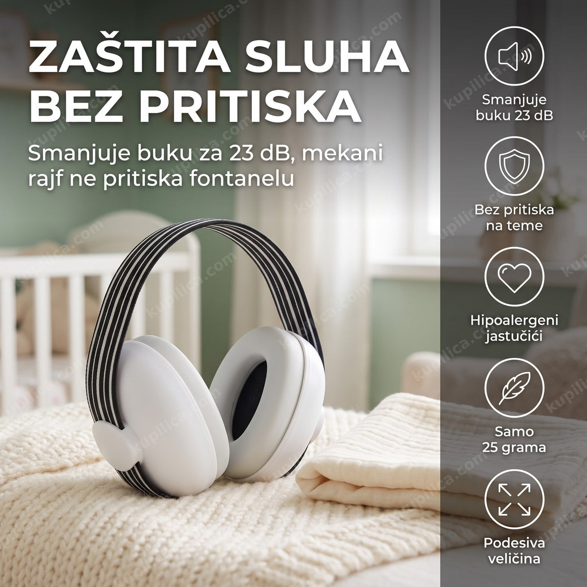 antifoni za bebe — zaštitne slušalice sa mekim rajfom na dečjem krevecu