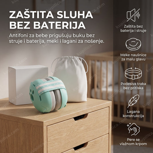tirkizni antifoni za bebe na komodi pored praznog krevetca u dečjoj sobi, benefiti proizvoda