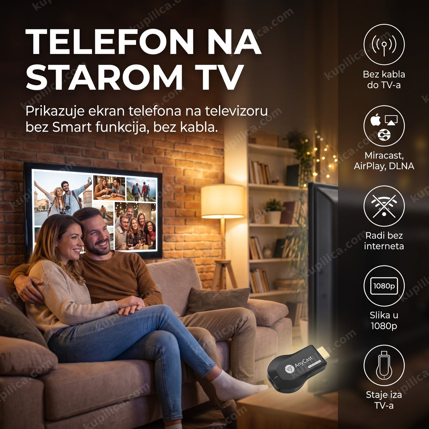 anycast m9 plus bezicni hdmi adapter — par gleda fotografije sa telefona na starom televizoru u dnevnoj sobi, bez kabla