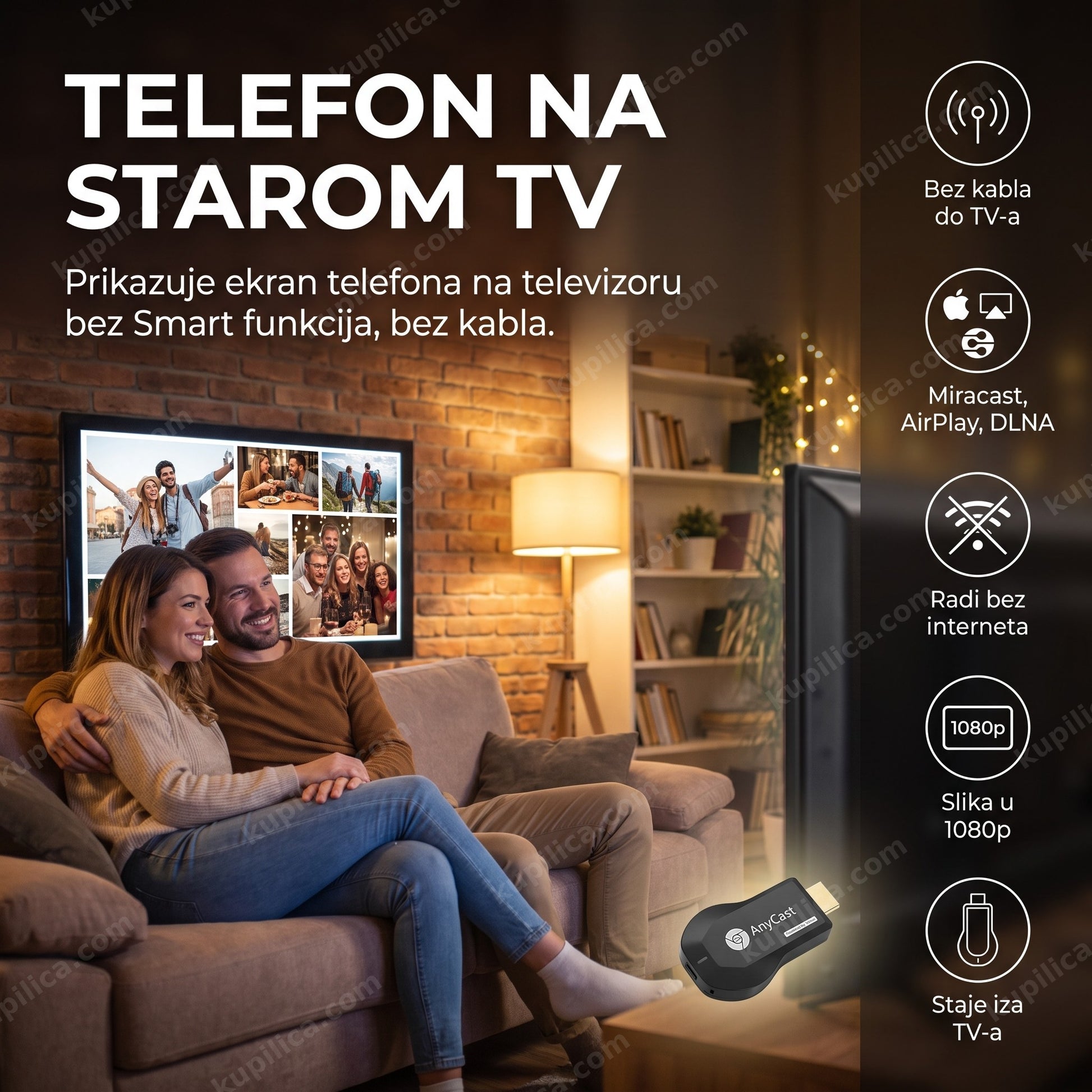 anycast m9 plus bezicni hdmi adapter — par gleda fotografije sa telefona na starom televizoru u dnevnoj sobi, bez kabla