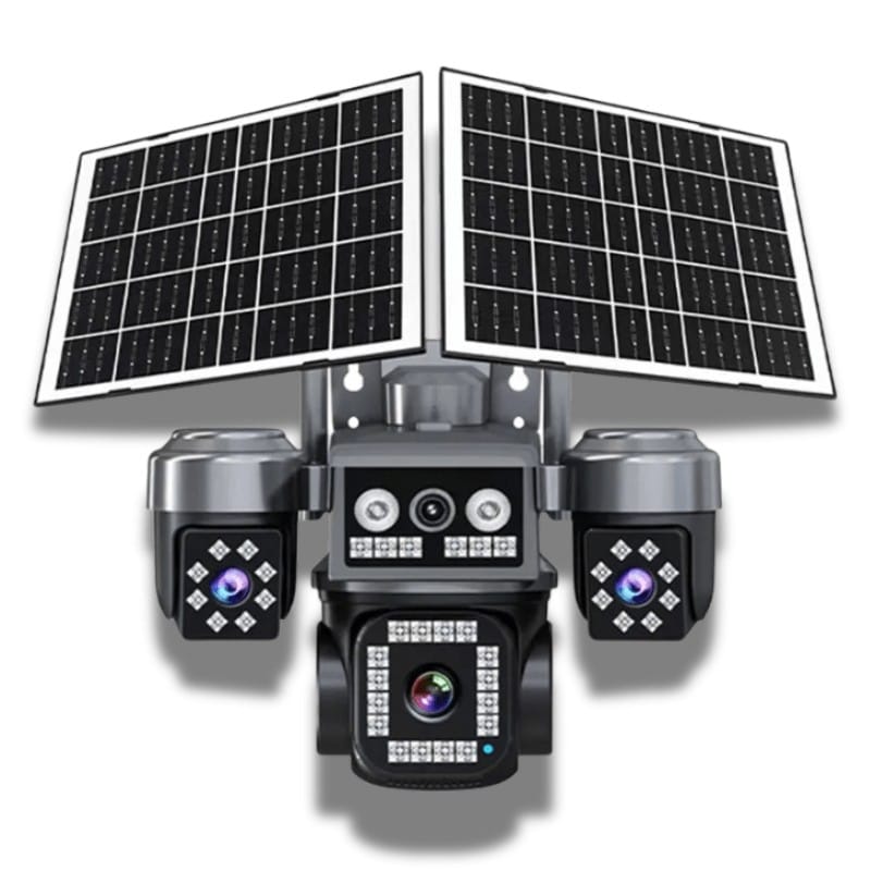 AOV solarna 4G kamera sa 4 sočiva — prednja strana sa četiri objektiva i solarnim panelima