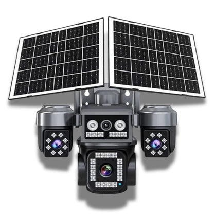AOV solarna 4G kamera sa 4 sočiva — prednja strana sa četiri objektiva i solarnim panelima