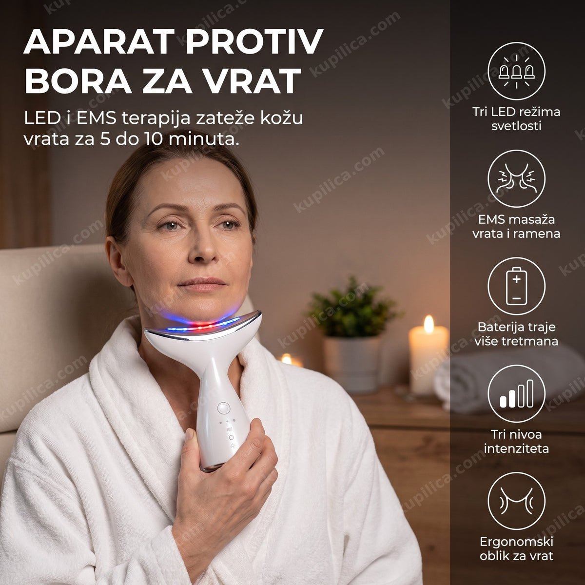 Žena drži aparat protiv bora sa LED svetlom na vratu, benefiti proizvoda