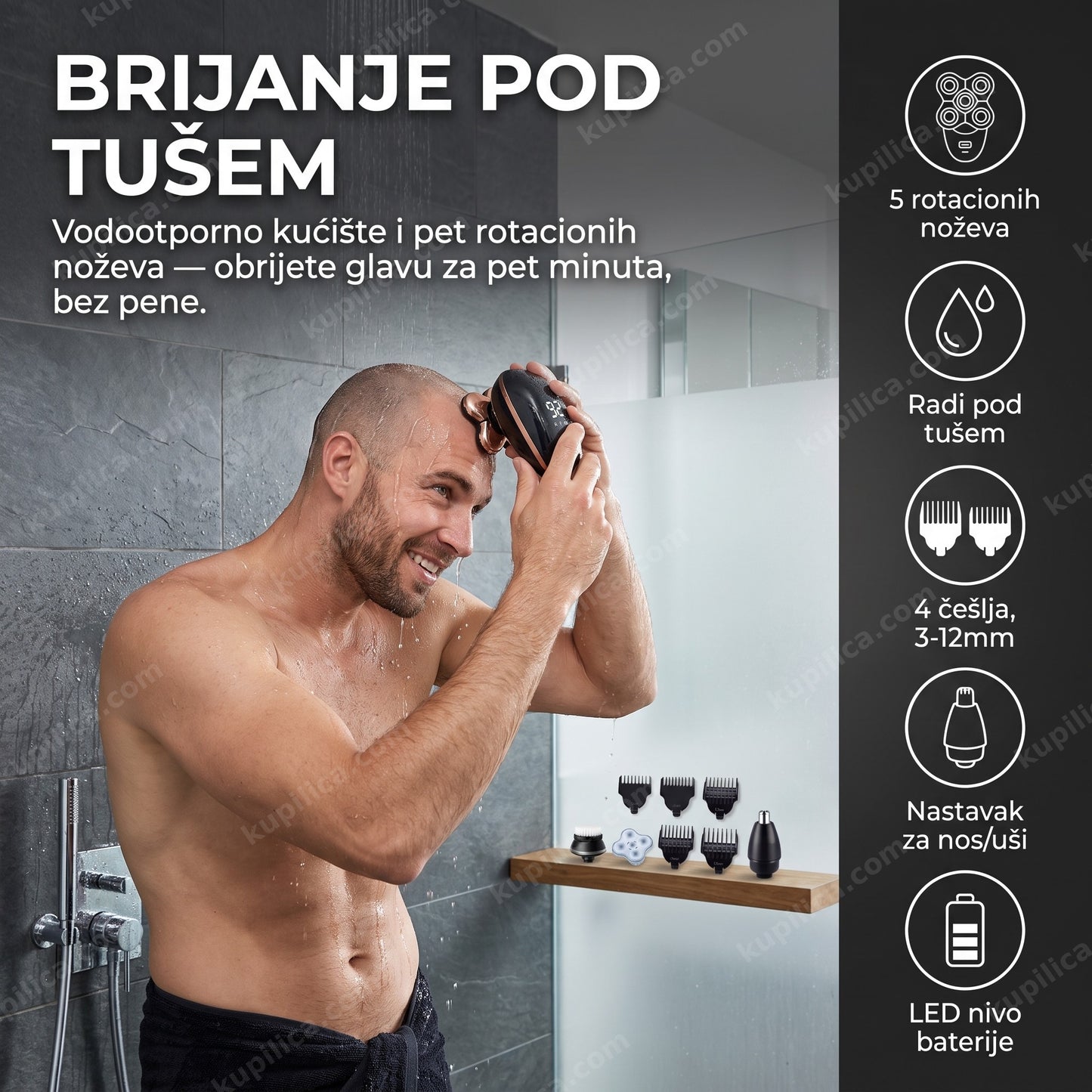 aparat za brijanje 5u1 fo-j14 — muškarac brije glavu pod tušem u kupatilu, 5 rotacionih noževa, radi pod tušem