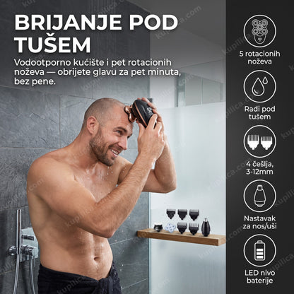 aparat za brijanje 5u1 fo-j14 — muškarac brije glavu pod tušem u kupatilu, 5 rotacionih noževa, radi pod tušem