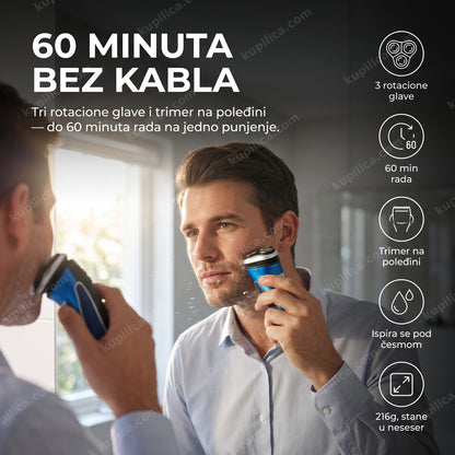 aparat za brijanje geemy gm-7090 — muškarac se brije u kupatilu ujutru, 3 rotacione glave, 60 min rada