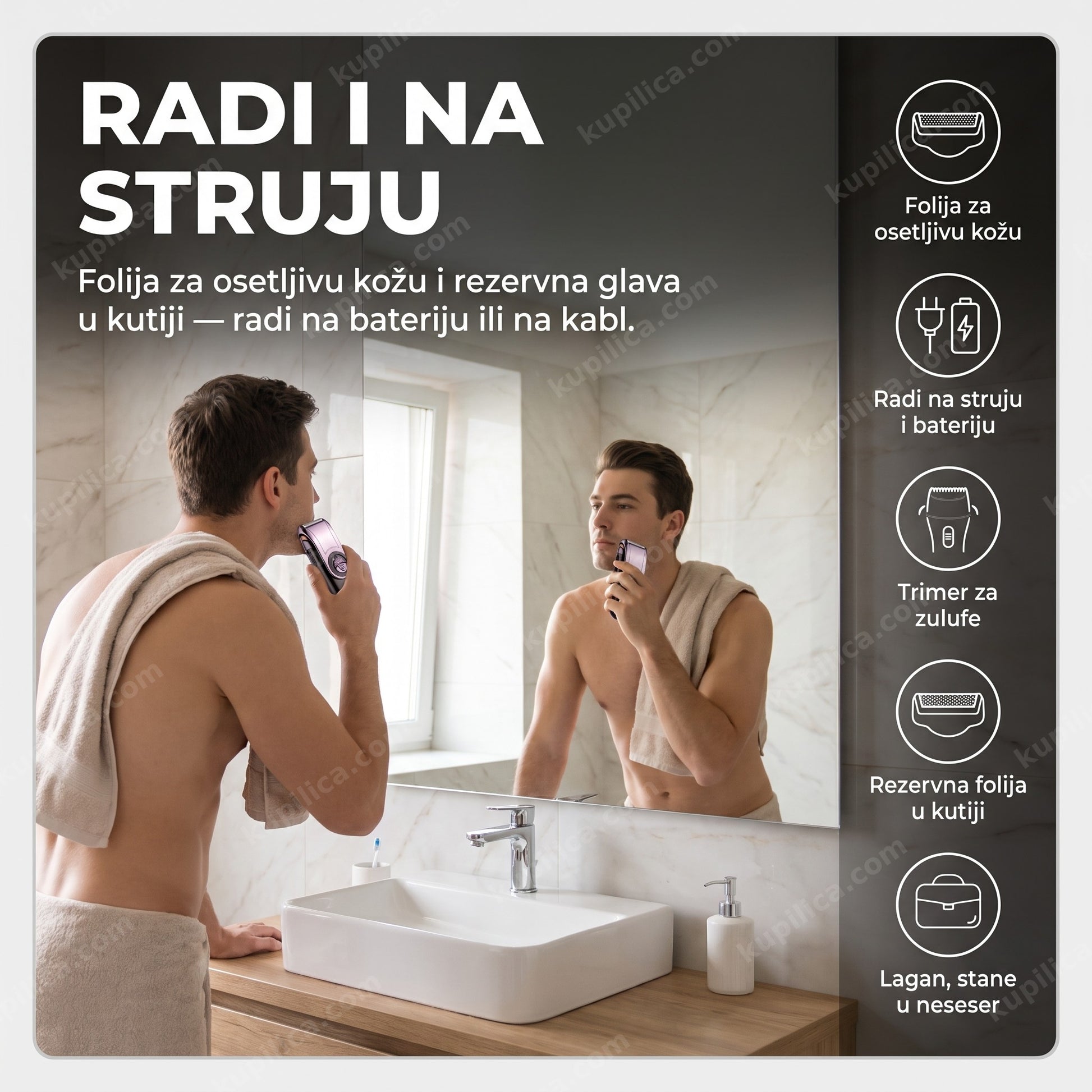 aparat za brijanje geemy gm-9001 — muškarac se brije u kupatilu, folija za osetljivu kožu, radi na struju i bateriju