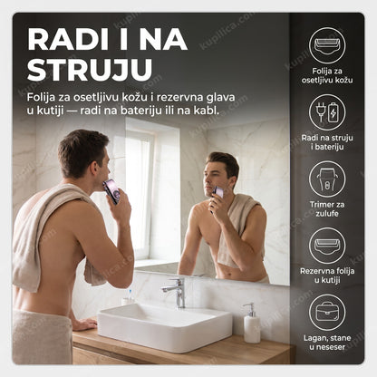 aparat za brijanje geemy gm-9001 — muškarac se brije u kupatilu, folija za osetljivu kožu, radi na struju i bateriju
