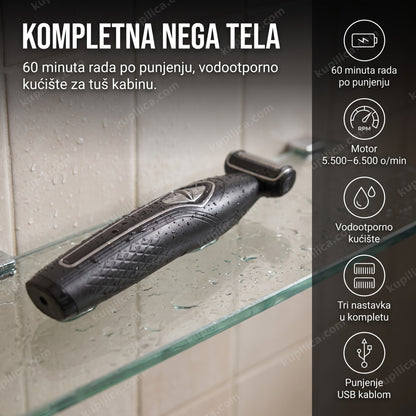 Aparat za brijanje tela na polici tuš kabine sa kapljicama vode, benefiti proizvoda