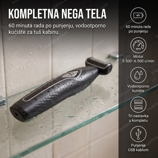 Aparat za brijanje tela na polici tuš kabine sa kapljicama vode, benefiti proizvoda