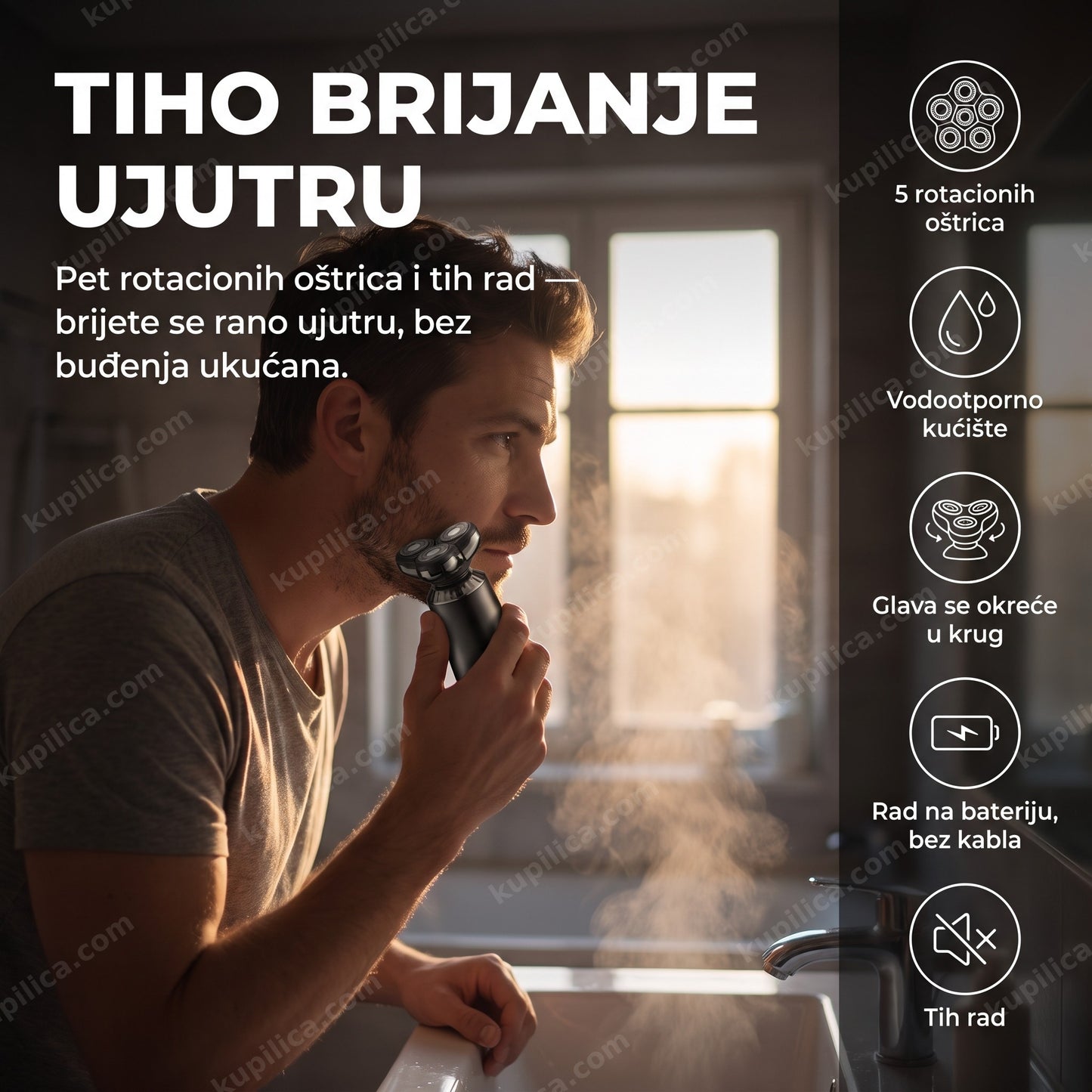 aparat za brijanje vgr v-397 — muškarac se tiho brije rano ujutru u kupatilu, 5 rotacionih oštrica, vodootporno kućište