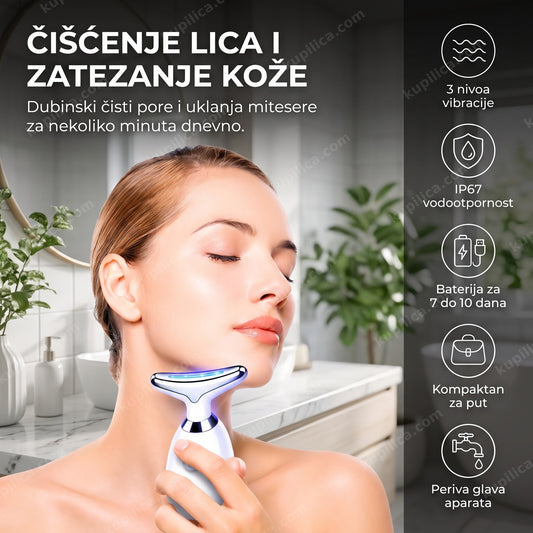 beli aparat za čišćenje lica i zatezanje kože na vratu žene, benefiti proizvoda