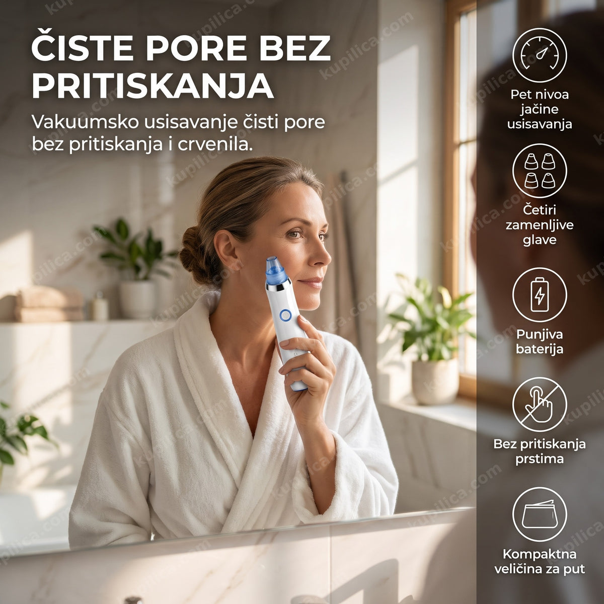 aparat za čišćenje pora i mitisera na licu žene ispred ogledala u kupatilu, benefiti proizvoda