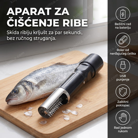 Aparat za čišćenje ribe pored cele ribe na dasci u kuhinji - benefiti proizvoda