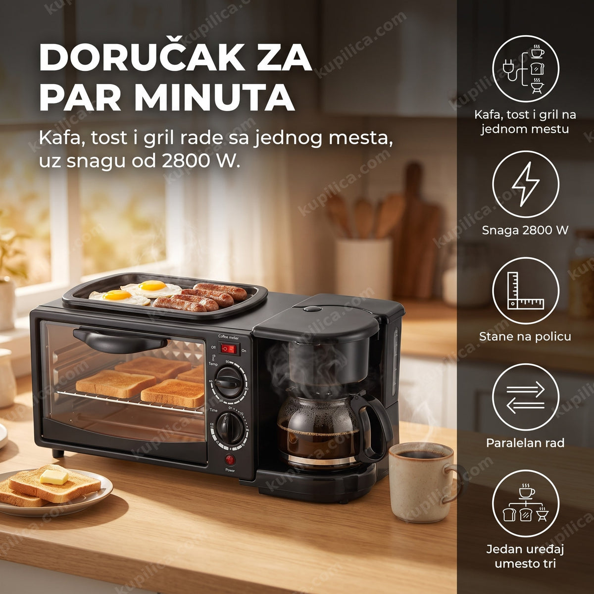 aparat za doručak 3 u 1 sa kafom i grilom na kuhinjskom pultu ujutru, benefiti proizvoda