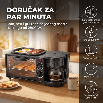 aparat za doručak 3 u 1 sa kafom i grilom na kuhinjskom pultu ujutru, benefiti proizvoda