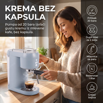 aparat za espreso kafu elle kcmp801bl — žena pravi espresso u kuhinji ujutru, pritisak 20 bara, dupli izlaz za 2 šolje