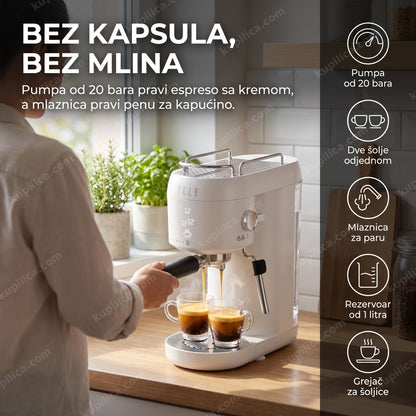 Osoba pravi espreso u dve šolje na belom aparatu za espreso kafu sa 20 bara pritiska