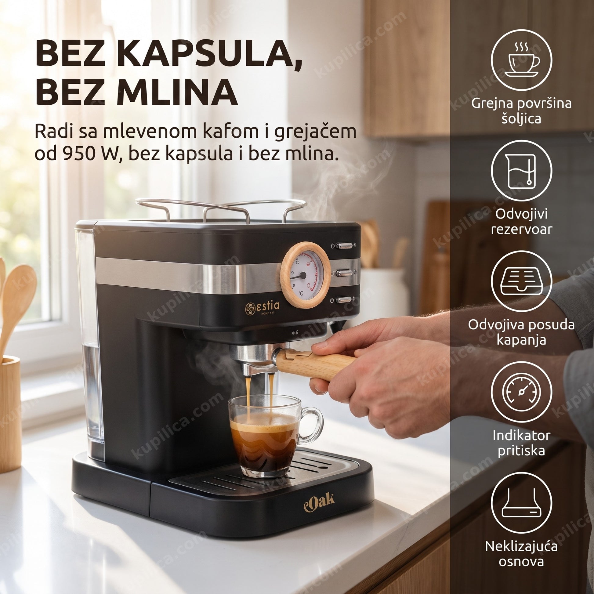 Osoba priprema espreso na aparatu za espresso sa mlevenom kafom u kuhinji