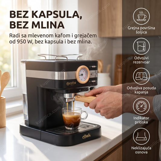 Osoba priprema espreso na aparatu za espresso sa mlevenom kafom u kuhinji