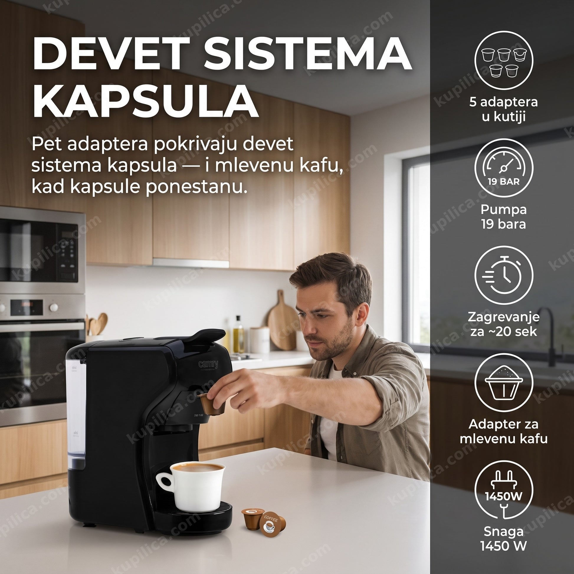 aparat za espresso camry cr4414bb — muškarac pravi kafu u kuhinji, pet adaptera za devet sistema kapsula, 5 adaptera u kutiji, pumpa 19 bara