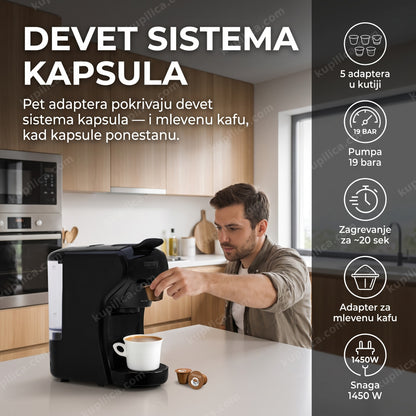 aparat za espresso camry cr4414bb — muškarac pravi kafu u kuhinji, pet adaptera za devet sistema kapsula, 5 adaptera u kutiji, pumpa 19 bara