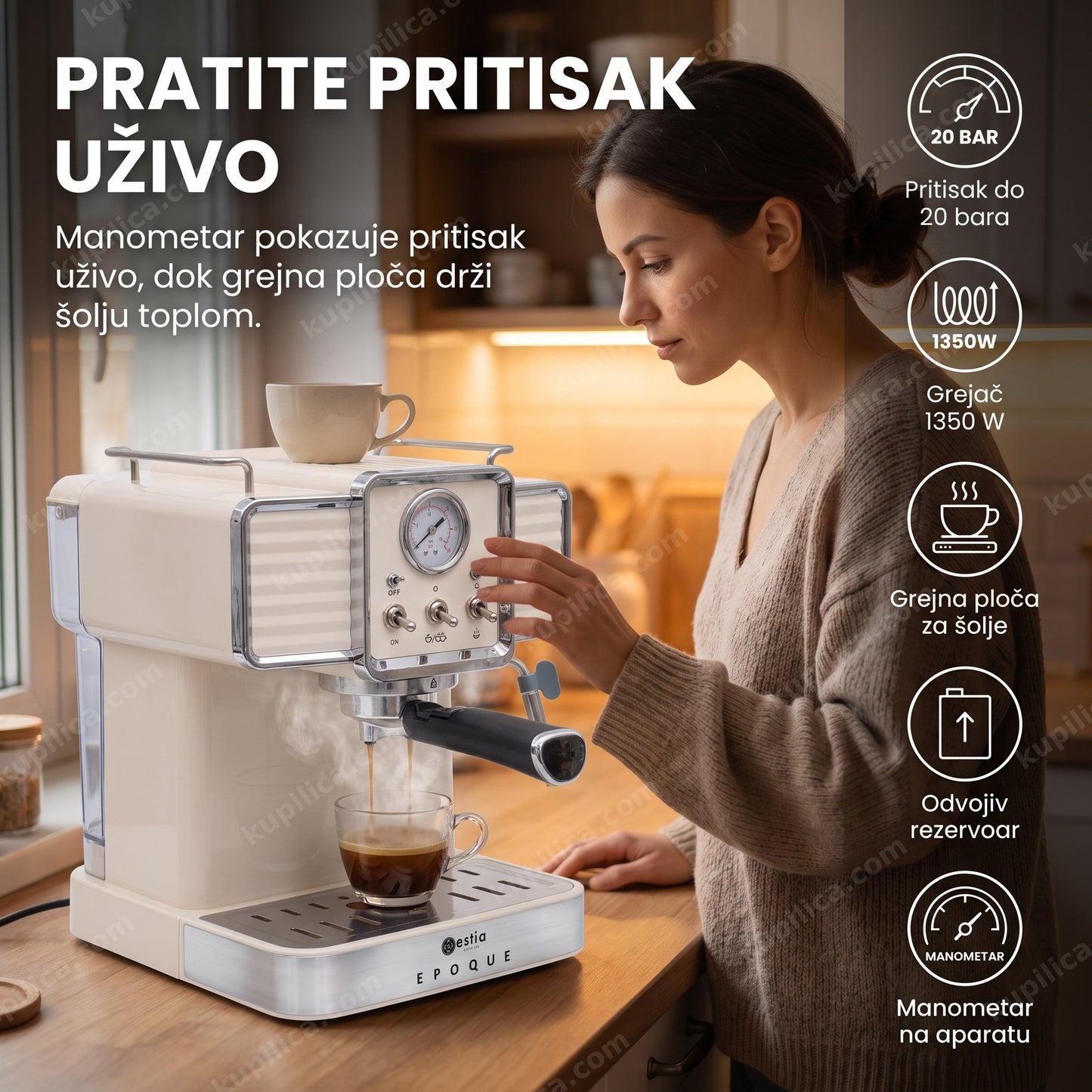aparat za espresso estia es06-12342 — žena pravi espresso u kuhinji, manometar pokazuje pritisak tokom kuvanja, pritisak do 20 bara, grejač 1350 w