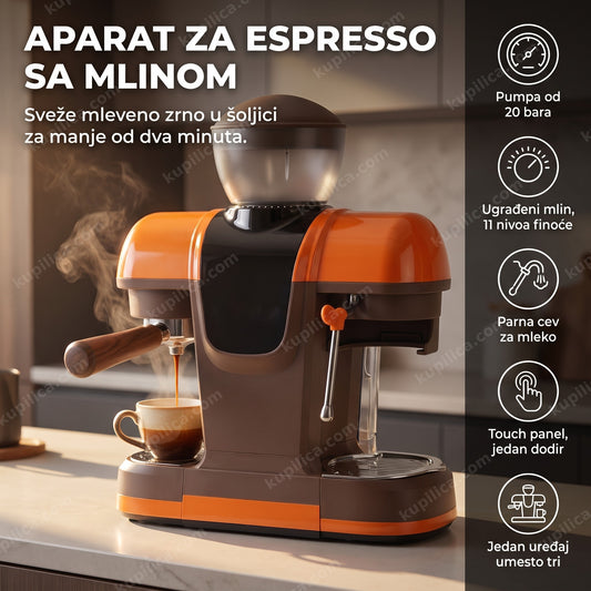 narandžasti aparat za espresso sa mlinom u kuhinji dok kafa curi u šoljicu, benefiti proizvoda