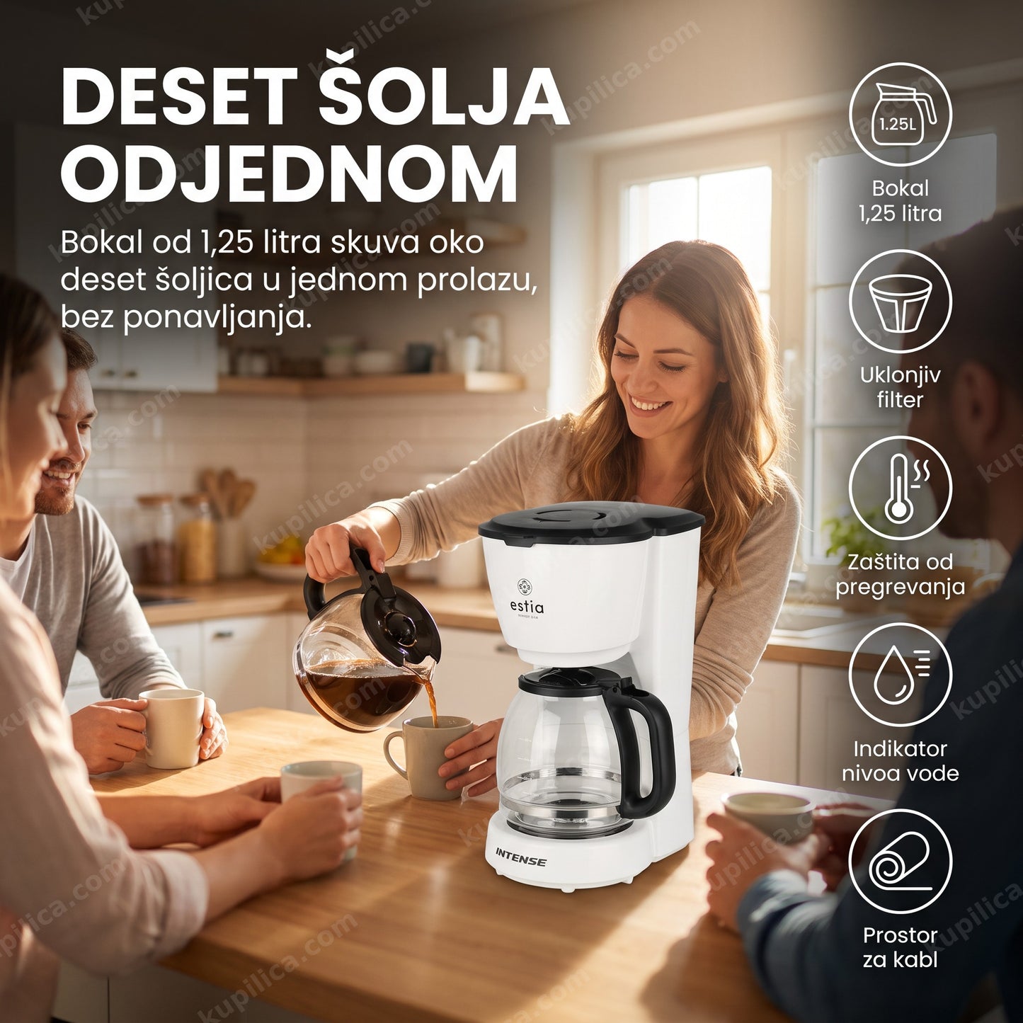 aparat za filter kafu estia es06-24581 — žena sipa filter kafu za sto ljudi u kuhinji ujutru, bokal 1,25 litra, uklonjiv filter
