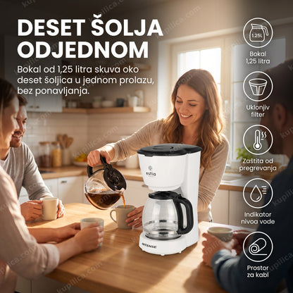 aparat za filter kafu estia es06-24581 — žena sipa filter kafu za sto ljudi u kuhinji ujutru, bokal 1,25 litra, uklonjiv filter