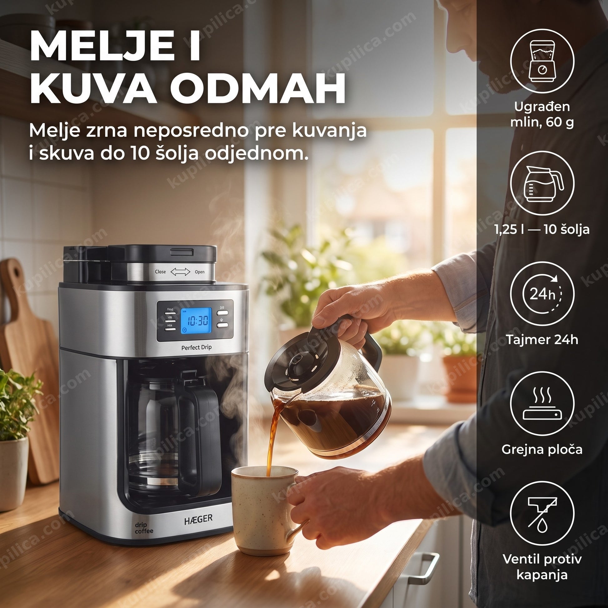 Haeger CM-10B.010A aparat za filter kafu sa mlinom i LCD displejom, 1,25 l