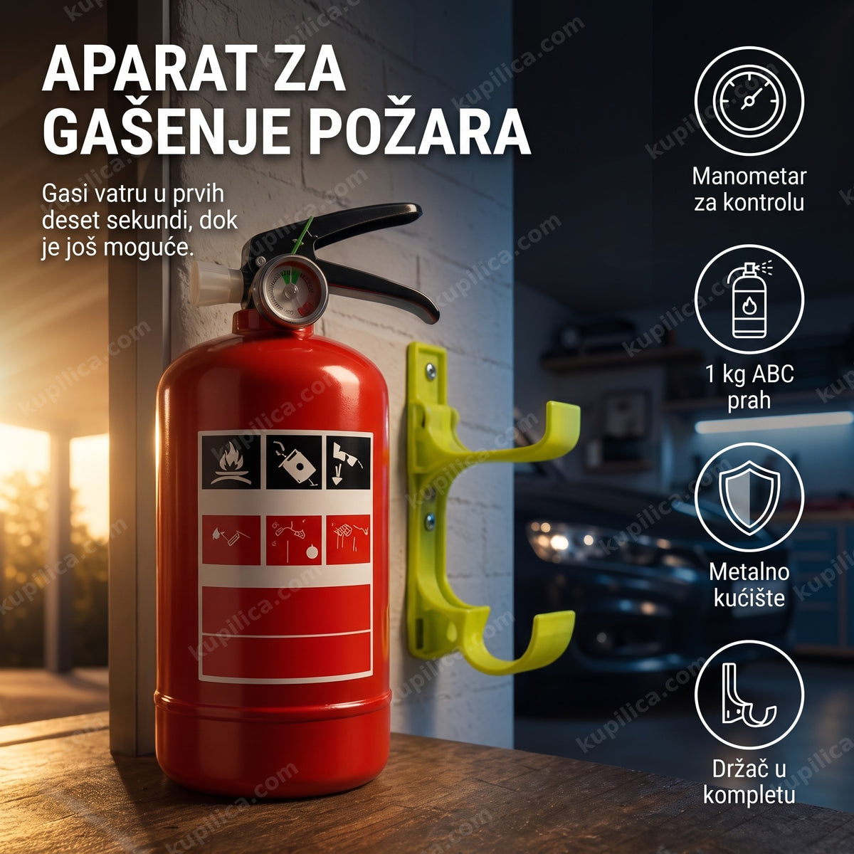 Crveni aparat za gašenje požara 1 kg okačen na zid garaže