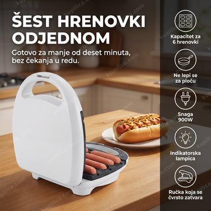 Aparat za hot dog otvoren na kuhinjskom pultu pored gotovog hot doga