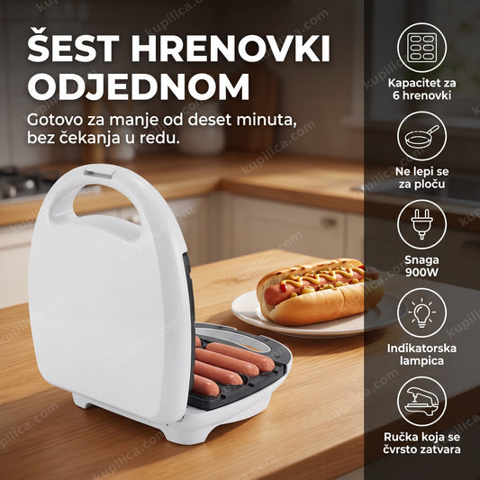 Aparat za hot dog otvoren na kuhinjskom pultu pored gotovog hot doga