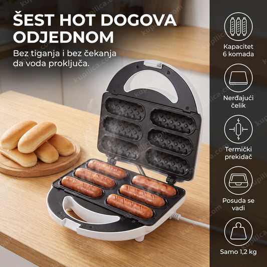 kućni aparat za hot dog dok grilluje viršle pored zemički, benefiti proizvoda