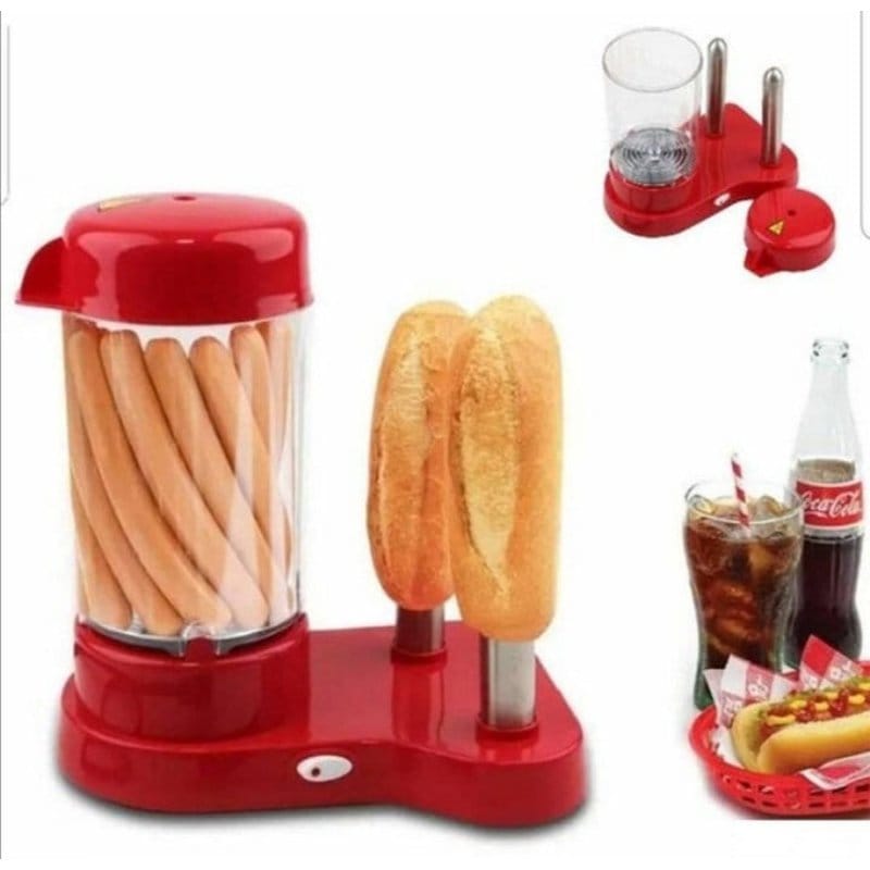 aparat za hot dog za 12 viršli sa dva peciva na parnim iglama i gotovim obrokom pored kole