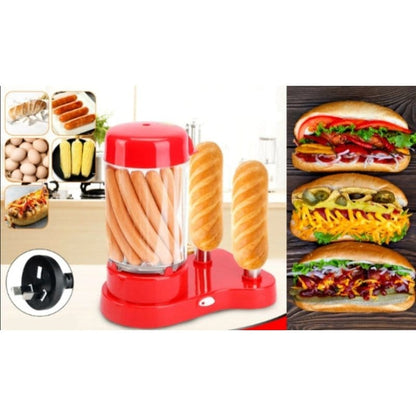 aparat za hot dog sa pecivima na iglama pored tri gotova hot doga sa različitim prelivima
