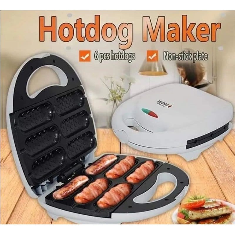 aparat za hot dog za 6 hrenovki — otvoren uređaj sa pločama i hrenovkama unutra pored gotovog obroka