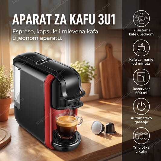 Aparat za kafu na kuhinjskom pultu sa šoljicom espresa ujutru