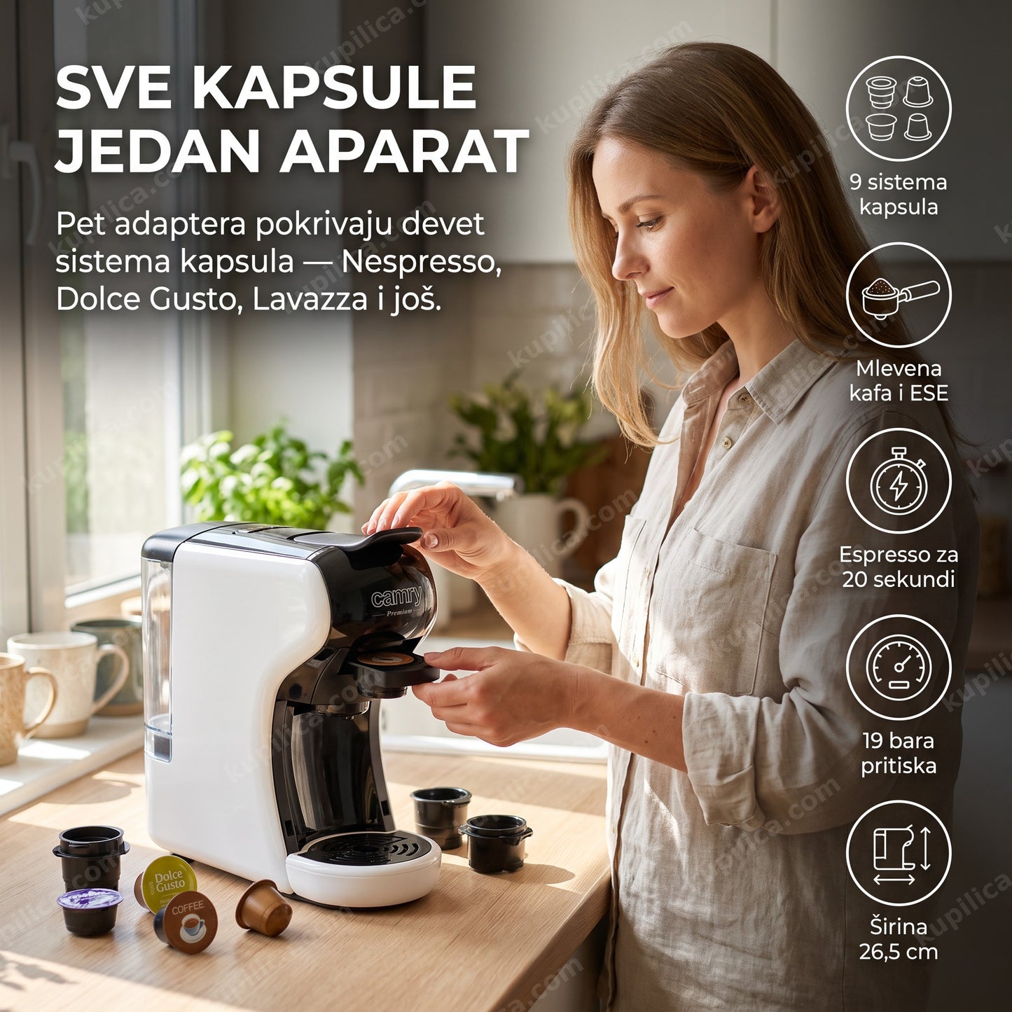 aparat za kafu na kapsule za sve brendove — žena menja adapter na kuhinjskom šanku, benefiti proizvoda