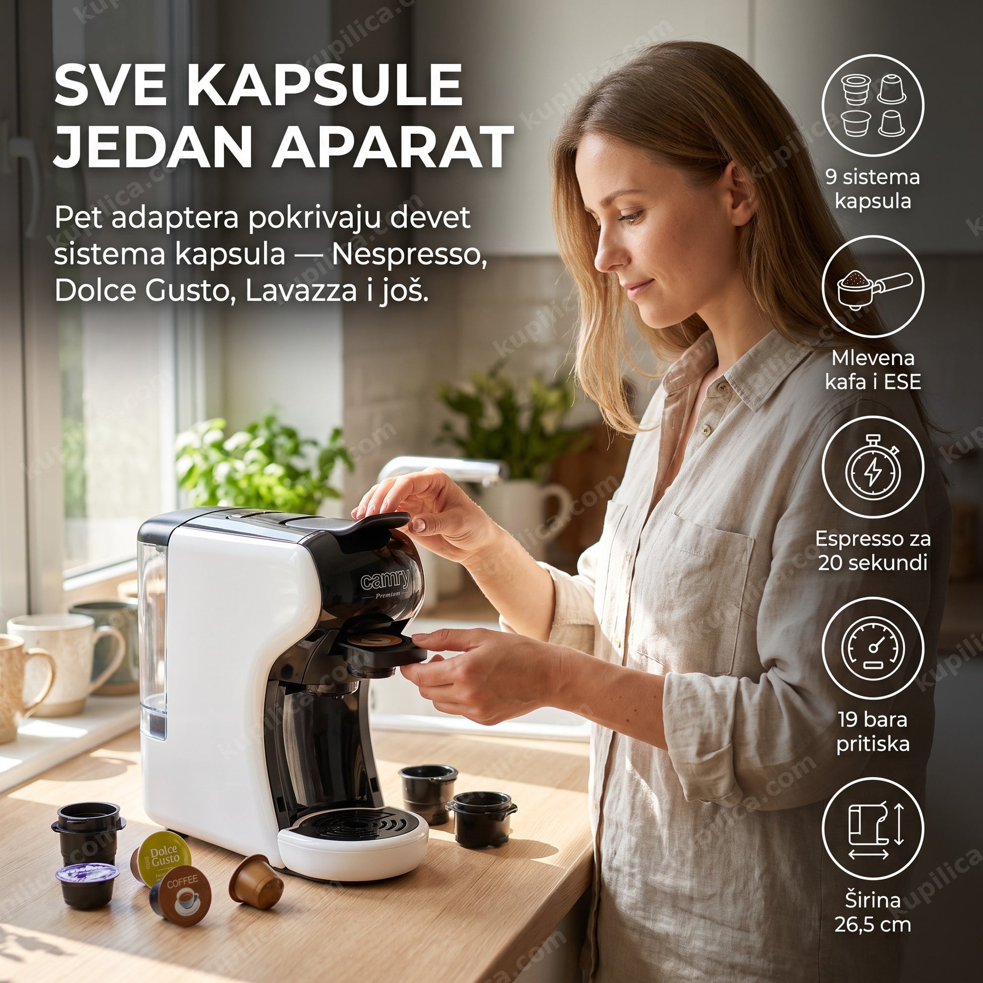 aparat za kafu na kapsule za sve brendove — žena menja adapter na kuhinjskom šanku, benefiti proizvoda