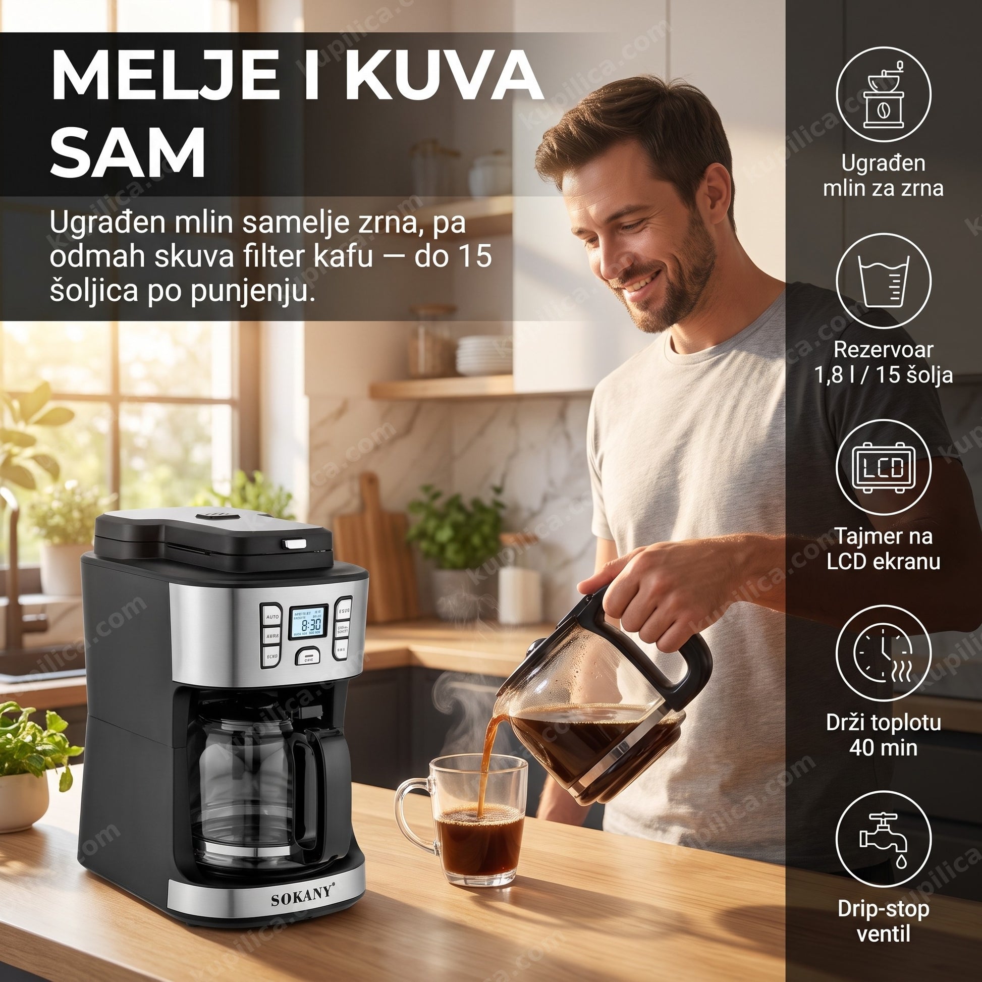 aparat za kafu sa mlinom sokany sk-506e — muškarac sipa sveže mlevenu kafu u kuhinji ujutru, ugrađen mlin za zrna, rezervoar 1,8 l / 15 šolja