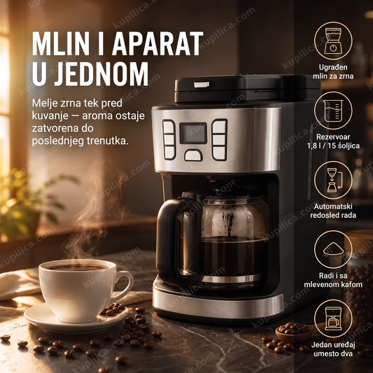 Aparat za kafu sa ugrađenim mlinom za zrna, stakleni bokal pun kafe, benefiti proizvoda