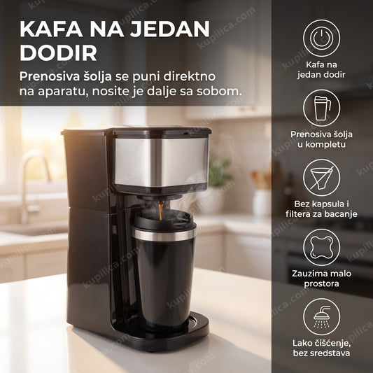 Aparat za kafu sa prenosivom šoljom sipa kafu u kuhinji ujutru, benefiti proizvoda