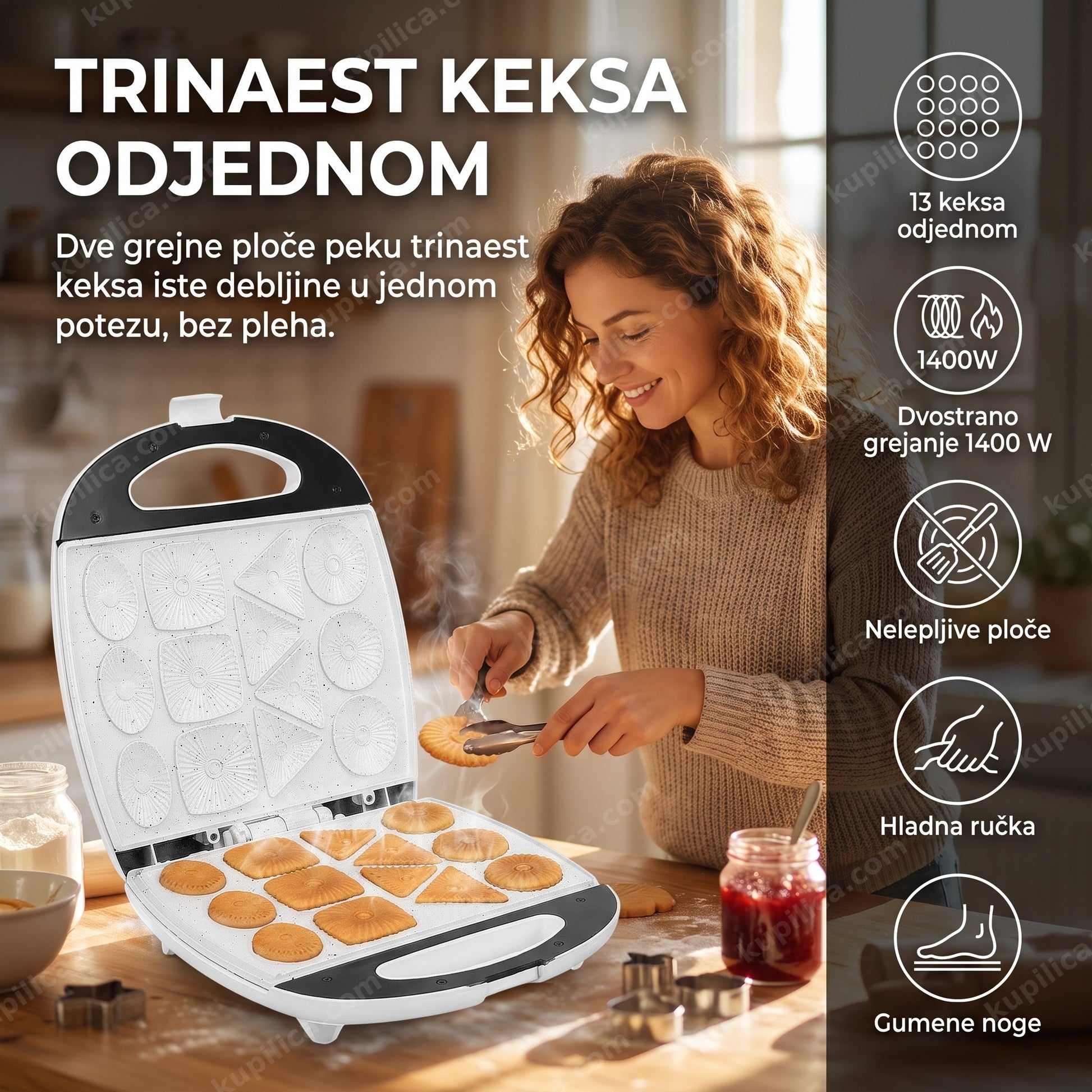 aparat za kekse sokany sk-17a — žena peče kekse u kuhinji, trinaest keksa odjednom bez rerne, 13 keksa odjednom, dvostrano grejanje 1400 w