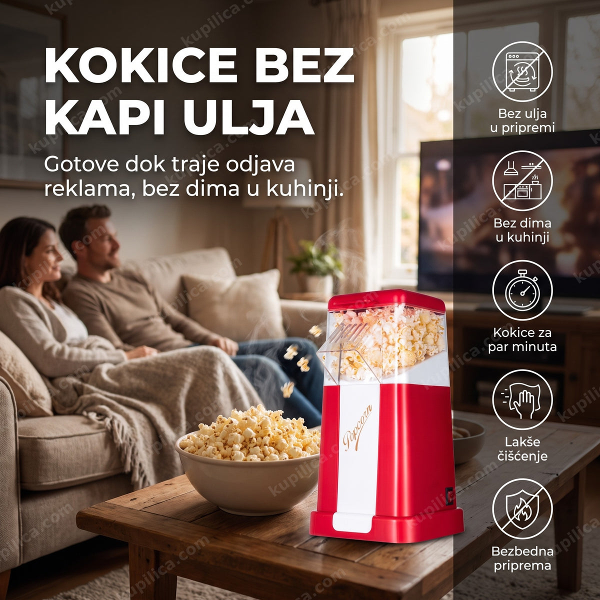 aparat za kokice bez ulja u dnevnoj sobi tokom filmske večeri, benefiti proizvoda