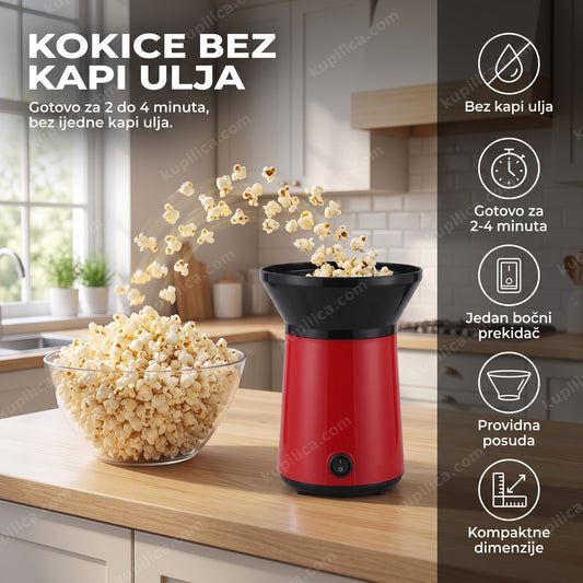 Aparat za kokice bez ulja na kuhinjskom pultu, kokice padaju u staklenu činiju