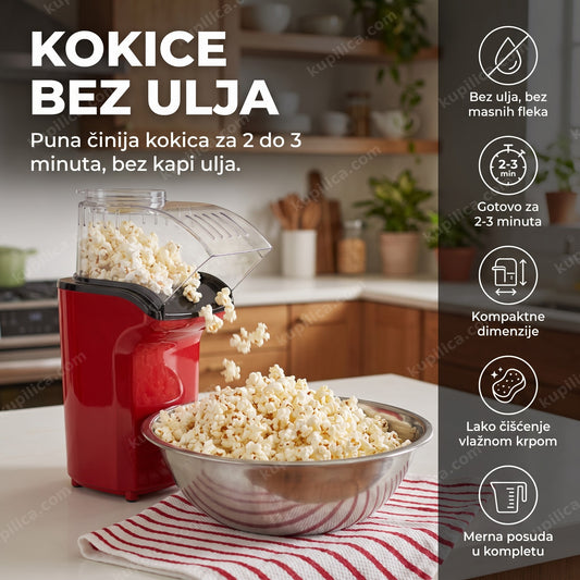 aparat za kokice bez ulja na kuhinjskom pultu sa svežim kokicama, benefiti proizvoda