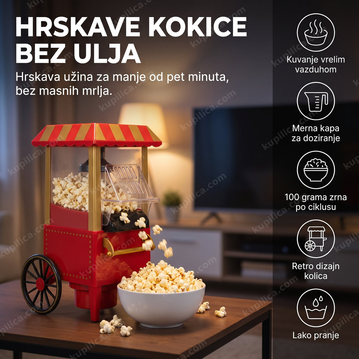 aparat za kokice bez ulja u retro kolicima, kokice padaju u posudu, benefiti proizvoda