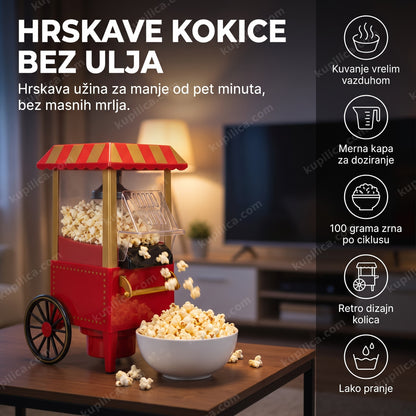 aparat za kokice bez ulja u retro kolicima, kokice padaju u posudu, benefiti proizvoda